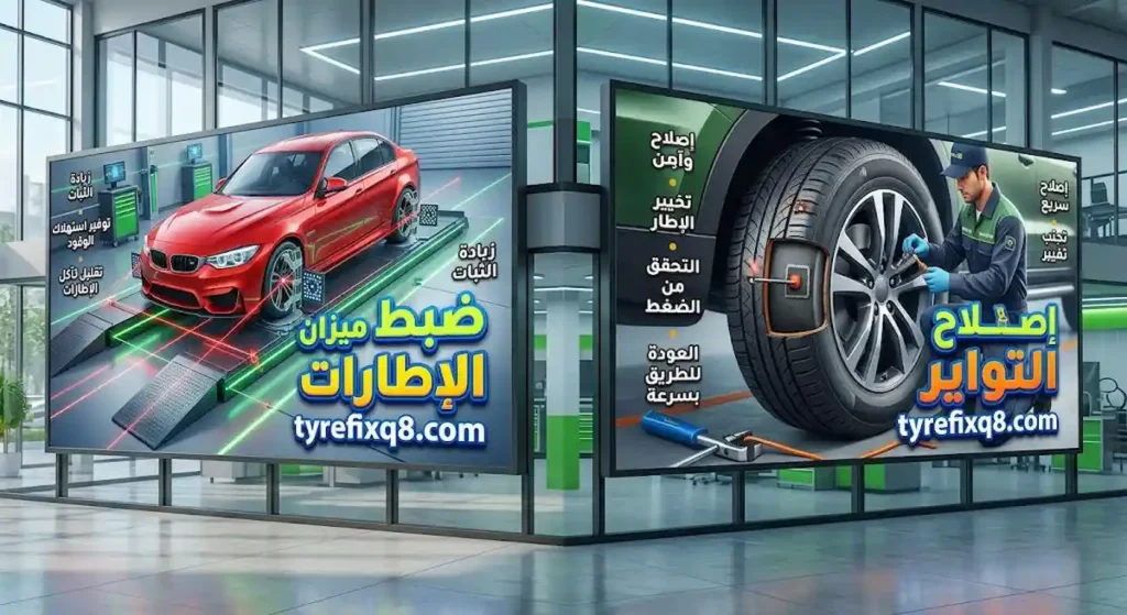 خدمات ضبط ميزان الإطارات بالليزر وإصلاح البناشر باحترافية وسرعة.