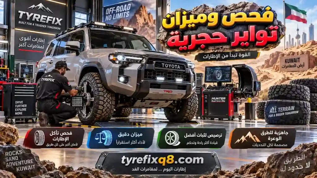 فحص وميزان تواير حجرية فحص وميزان وترصيص تواير حجرية لتحسين الثبات وتقليل تآكل الاطارات ورفع جاهزية السيارة